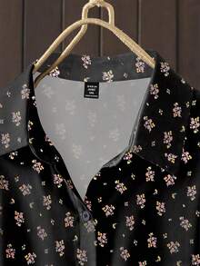 Linhara Plus Size Floral Print Front Button Casual Versatile Long Sleeve Dress - Black - View 5