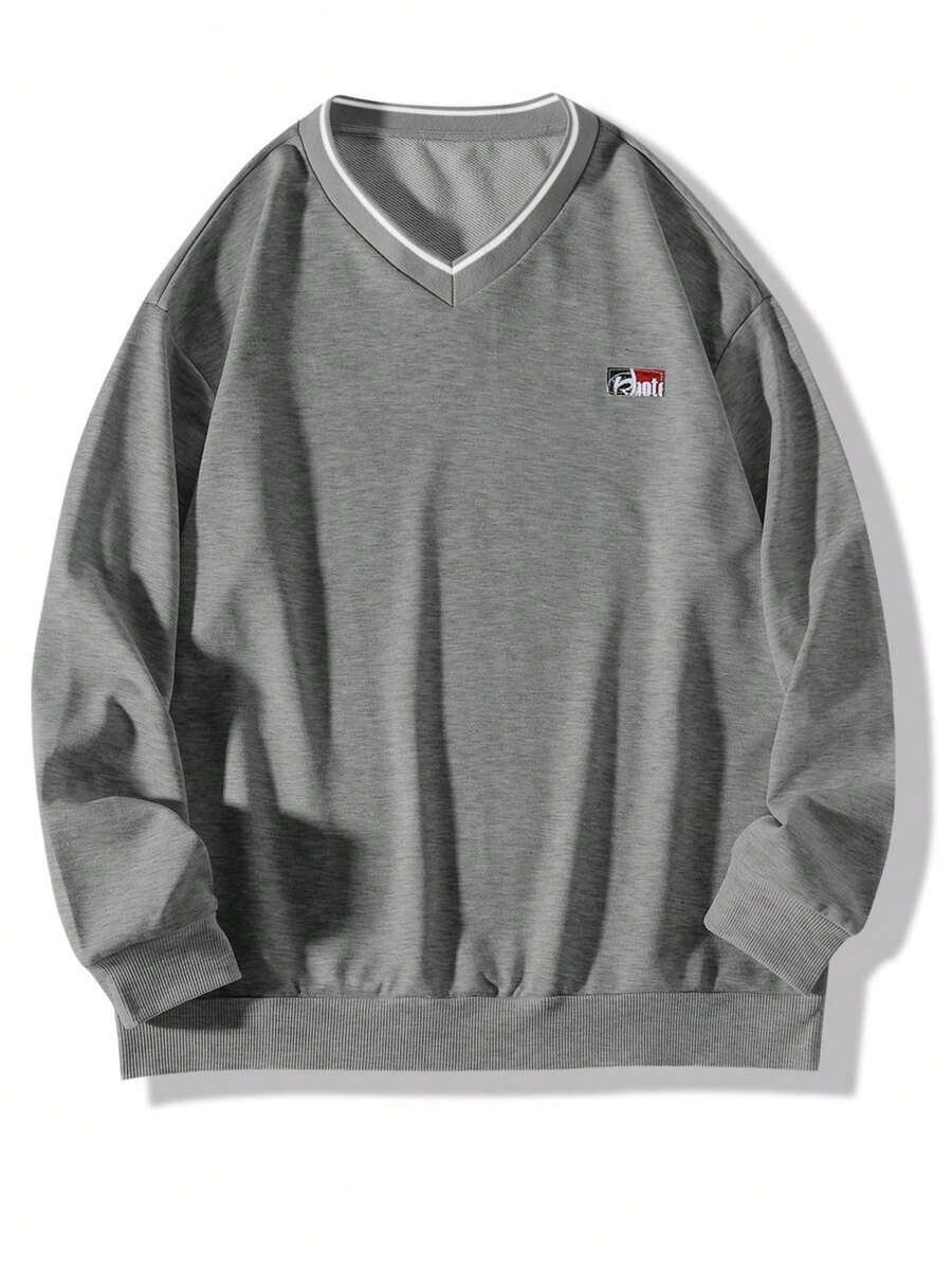 Manfinity Hypemode Loose Fit Men's Patch Detail Drop Shoulder Sweatshirt Grey Sweatshirt 4xl Sweatshirt Sweatshirts V Neck Sweatshirt, Long Sleeve Top - Grey - View 1