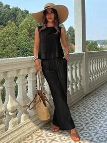 KARISMINA 2 件套女士纯色梭织修身背心和高腰宽松直筒裤套装春季女士热带度假服装亚麻 - 黑色 - 查看 10