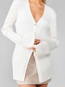 MISSGUIDED Áo khoác cardigan cài nút gân dài cổ chữ V cho phong cách layer mùa thu đông - trắng - Xem 5