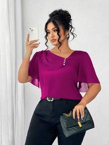 Elenzga 加大码不对称荷叶边领纽扣装饰短袖优雅衬衫 - 玫紅色 - 查看 4