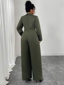 SHEIN Elenzya Bộ đồ liền thân tay dài ve áo thanh lịch cỡ lớn dành cho nữ - xanh quân đội - Xem 2