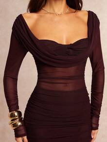 Silquee This Women's A-Line Flowing Dress With A Droopy Neckline, Gathered Details, And Partial Sheer Details Is An Elegant And Transparent Long Dress Suitable For Parties, Romantic Dates, Autumn/Winter Layering, Gatherings, Formal Events, Christmas Dresses, Sexy Nightclub Dresses, Burgundy Dresses, Sequined Dresses, Party Dresses, And New Year's Dresses. Long Sleeve Formal Dress Sexy Dinner Dress Cruise Dinner Dress Gowns Glamorous Dress - Burgundy - View 6