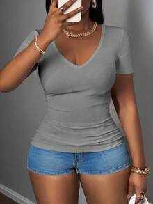SHEIN Slayr 2025 New Plus Size Women Casual Basic Racerback Sleeveless Deep V-Neck Ribbed White T-Shirt - Grey - View 6