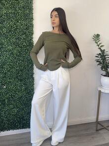 Andrea Bello 1 chiếc áo thun dài tay cổ tròn màu trơn đơn giản dành cho nữ - xanh quân đội - Xem 3