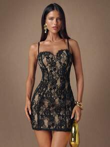 SHEIN BAE Váy liền thân ren đen, váy dự tiệc cocktail thanh lịch, phù hợp cho các buổi hẹn hò, hộp đêm, tụ tập, váy xếp lớp thu/đông, tiệc tùng, váy Halloween, váy Giáng sinh - màu đen - Xem 4