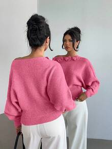 Elenzga Women's Elegant Floral Rhinestone Decor Asymmetric Shoulder Solid Color Sweater