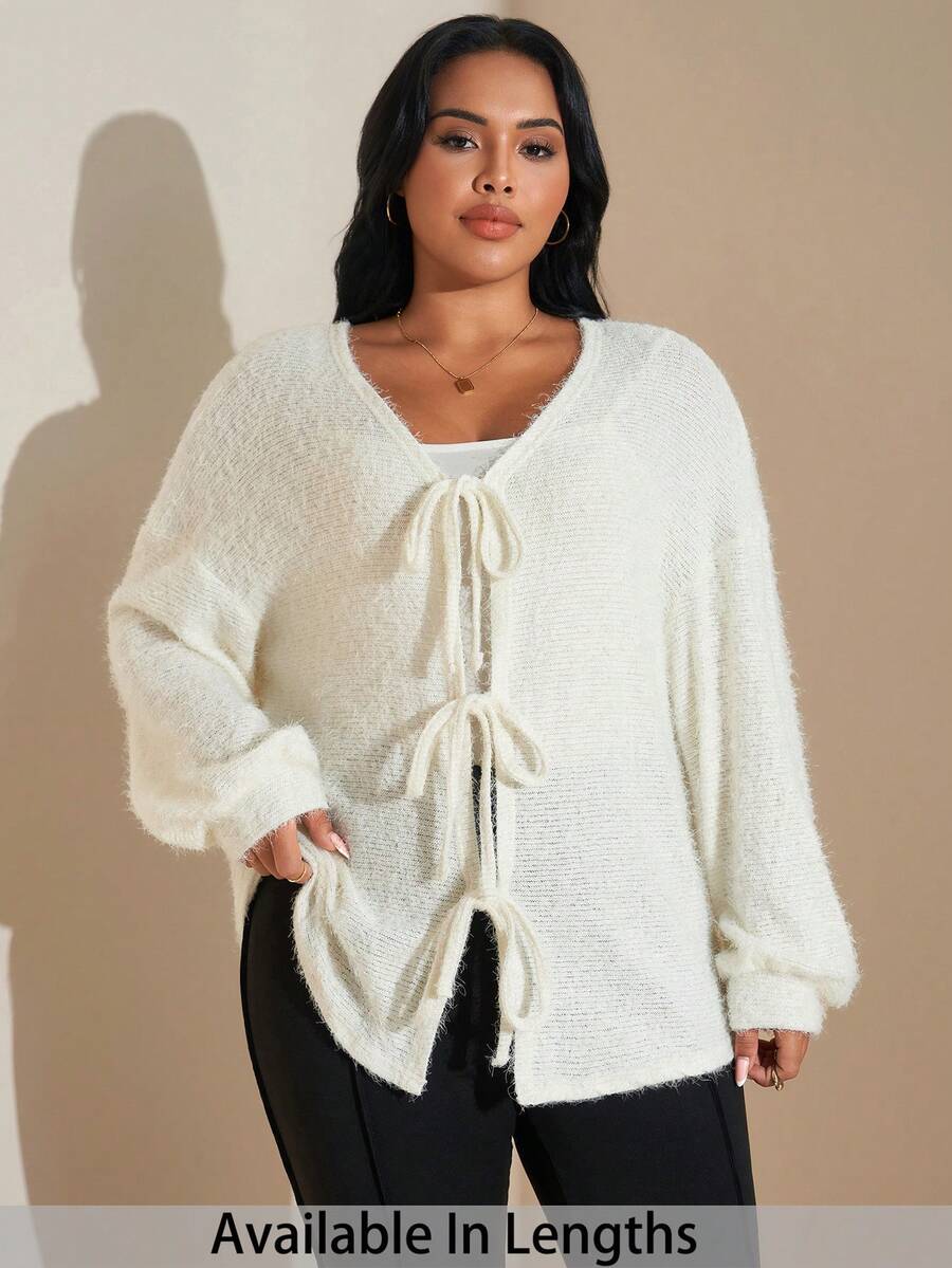 SHEIN Tall CURVE 加大码女式简约纯色针织法式毛衣，蝴蝶结前襟设计，适合居家、休闲、上学 - 米色 - 查看 1