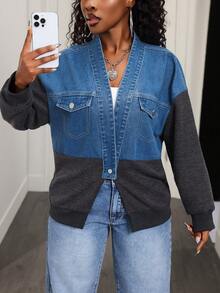 Slaydiva Women's Color Block Long Sleeve Drop Shoulder Fashionable Versatile Denim Jacket - Blue - View 1
