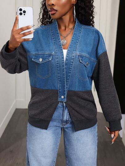 Slaydiva 女士撞色长袖落肩时尚百搭牛仔外套