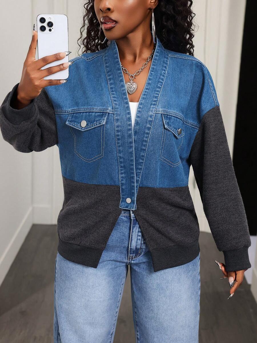 Slaydiva Women's Color Block Long Sleeve Drop Shoulder Fashionable Versatile Denim Jacket - Blue - View 1