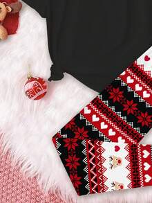 Tween Girls' Casual Merry Christmas Cartoon Reindeer,Snowflake Fair Isle T-Shirt & Leggings Pajama Set,Black Summer Cute Evening Lounge Snug Fit - Multicolor - View 6