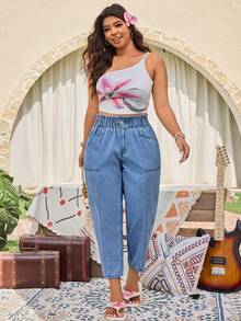 SHEIN LUNE Plus Size Fashion Casual Washed Elastic Waist Cropped Pants - Light Wash - View 4