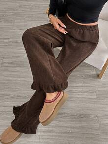 Easowa 女式棕色灯芯绒裤子，松紧腰带，带口袋，喇叭形下摆，宽松版型，秋冬 - 棕色 - 查看 4