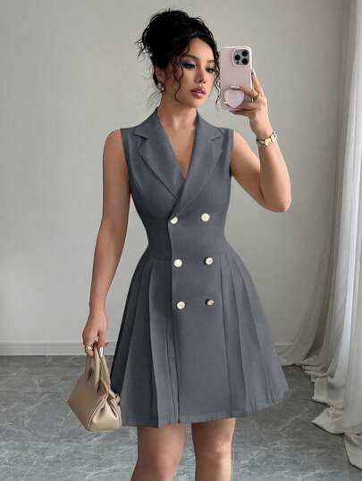 Rafferiza 女士简约纯色翻领双排扣无袖褶裥连衣裙，适合工作和通勤穿着。