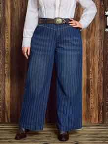 EMERY ROSE Quần jean ống đứng không co giãn phong cách cao bồi miền Tây dành cho nữ cỡ lớn, màu xanh và xám, sọc - Rửa trung bình - Xem 1