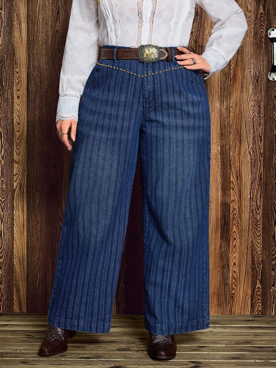 EMERY ROSE Quần jean ống đứng không co giãn phong cách cao bồi miền Tây dành cho nữ cỡ lớn, màu xanh và xám, sọc - Rửa trung bình - Xem 1