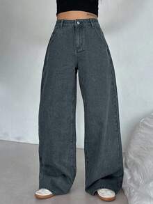 DAZY Women's High Waist Pocketed Wide Leg Loose Casual Versatile Jeans Y2k - Dusty Blue - View 2