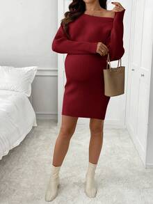SHEIN Elegant Solid Color Off-Shoulder Knit Maternity Dress, Autumn/Winter - Red - View 5