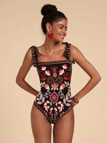 Travachic 大码女式全身印花无袖连体泳衣，适合海滩和度假 - 彩色 - 查看 1