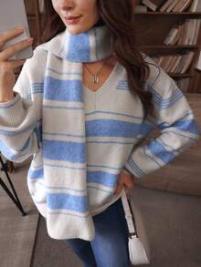 GlowEve Women's Lazy Knit Sweater, Loose V-Neck Knitted Top With Scarf Set, Cozy Winter - Blue and White - View 11