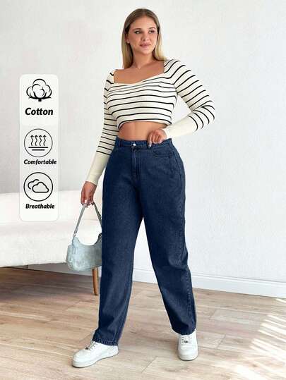 EURMUSE Cottnline Mom Fit Plus Jeans With Snow Wash,