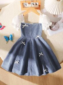 SHEIN Playful Pals 女童短袖牛仔洋裝，方領配色設計，喇叭下擺 - 淺色水洗藍 - 查看 3