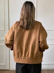 DAZY Women's Solid Color Loose Handmade Embroidered Rhinestone Lapel Long Sleeve Casual Vintage Jacket, Regular Fit, Autumn/Winter Women Coats - Brown - View 2
