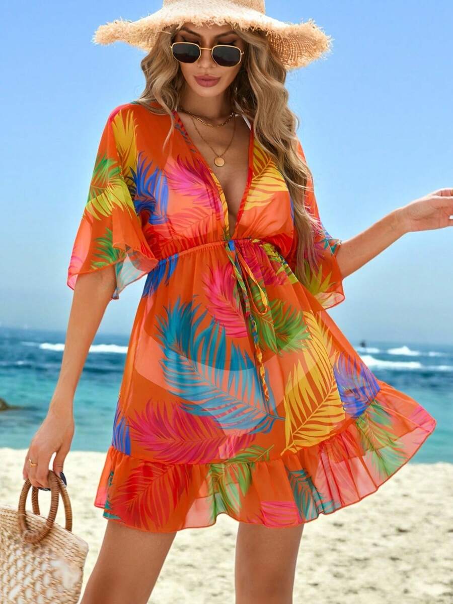 Swim Lushoire 女式度假海滩植物印花透明罩衫连衣裙夏季 - 橘色 - 查看 1