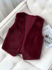 Franclia 女式纯色无袖短款人造毛皮背心 - 酒紅色 - 查看 1