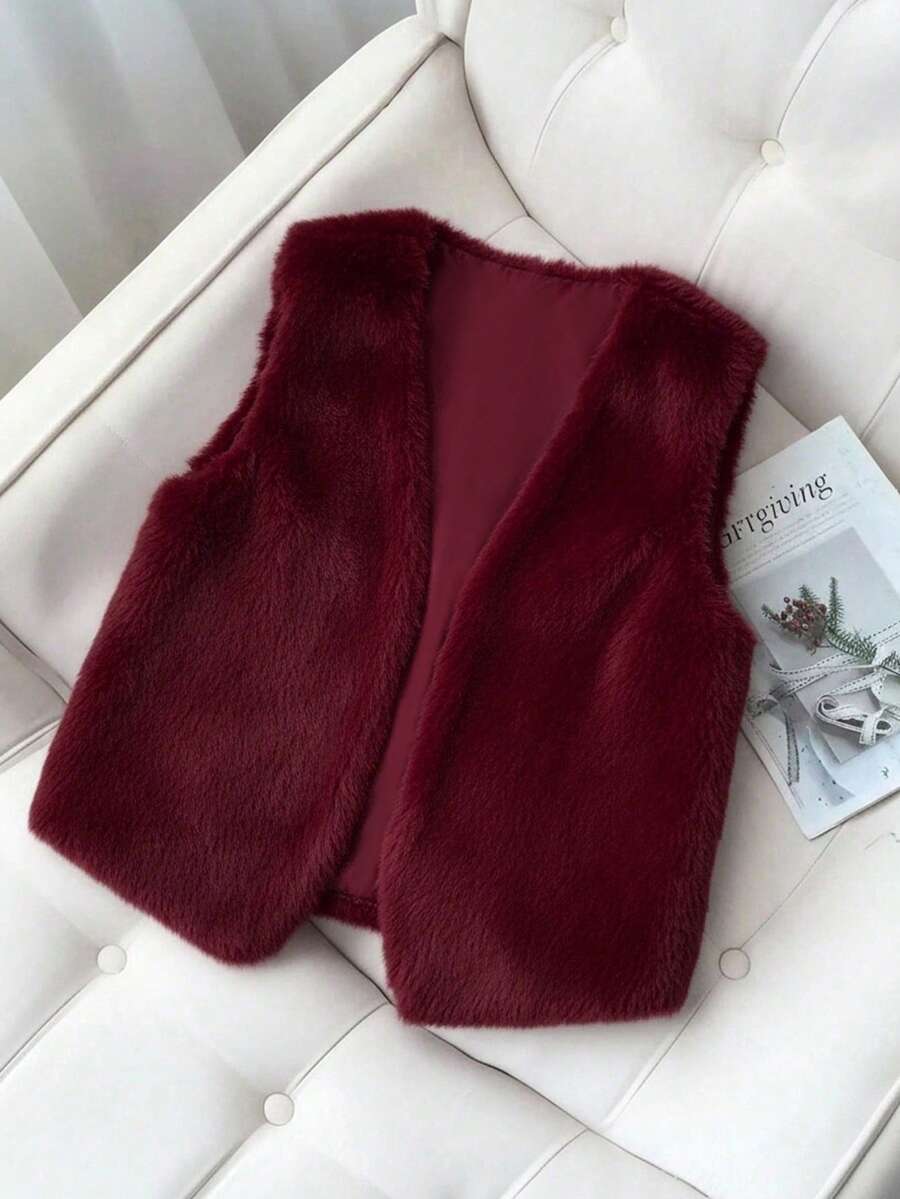 Franclia 女式纯色无袖短款人造毛皮背心 - 酒紅色 - 查看 1