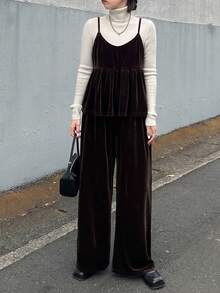 FRIFUL Women's Solid Color Velvet Brown Top With Camisole, Elastic Waist Straight Leg Pants, Casual Versatile 2 Pieces Set, Autumn/Winter - Coffee Brown - View 6