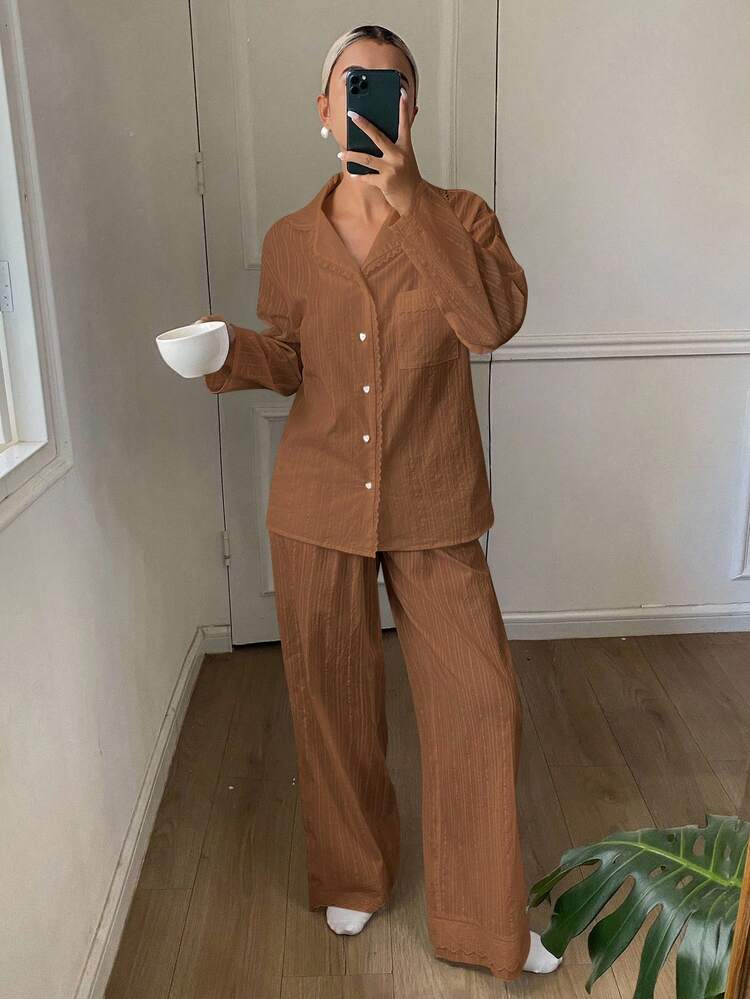 2pcs Women Textured Jacquard Floral Lace Trim Pajama Set, Winter Clothes