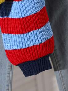 SHEIN Sparklyn 少女字母条纹图案长袖休闲针织开衫，秋冬 - 彩色 - 查看 5