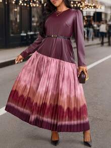 EMERY ROSE Plus Size Solid Color Ombre Patchwork Round Neck Long Sleeve Dress - Red - View 4