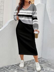 EMERY ROSE Bộ 2 váy dệt kim tay dài cổ chữ V họa tiết sọc đen trắng cỡ lớn dành cho nữ, thường ngày, thích hợp dự tiệc, thu/đông - Nhiều màu - Xem 3