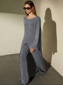 Aveloria Modichic 2pcs Set: Stylish Asymmetric Hem Long Sleeve Sweater & Pants, Casual Loungewear - Grey - View 6