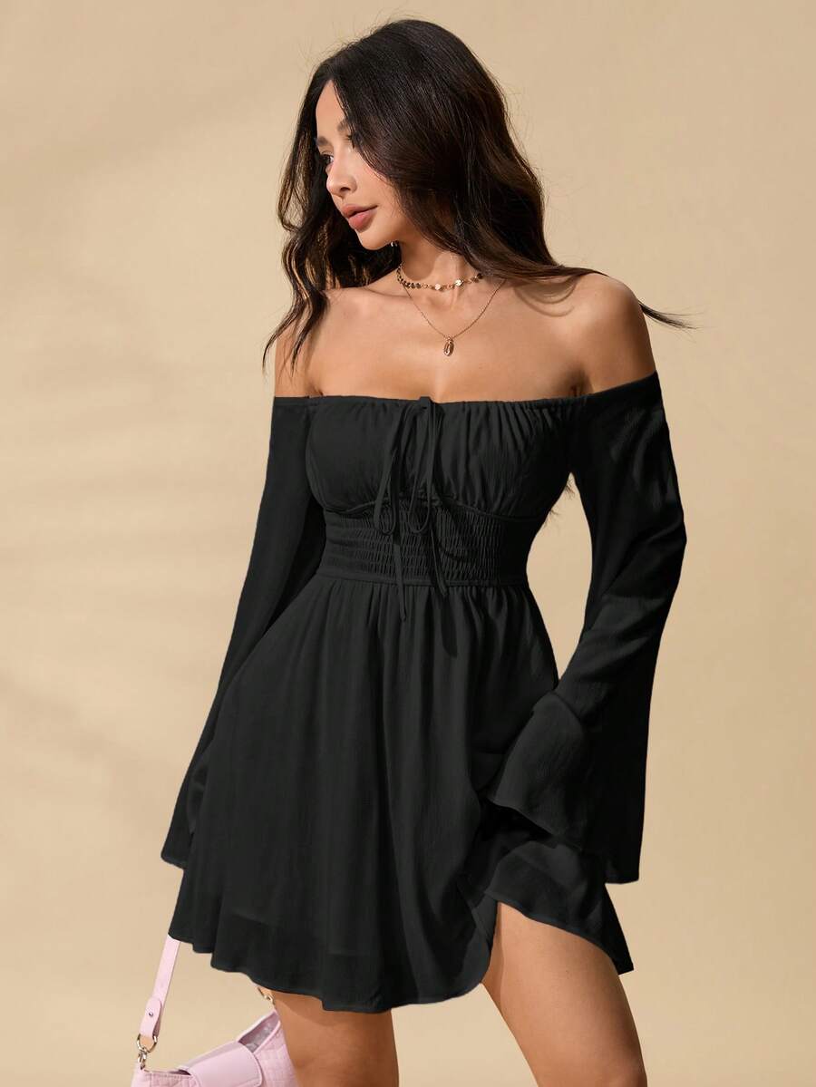 SHEIN PETITE Romantic Off Shoulder Flounce Sleeve Waist Dress - Black - View 1
