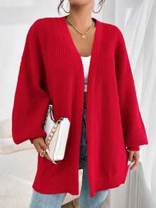 SHEIN EZwear 大码休闲落肩罗纹针织开衫，红色，秋冬 - 紅色 - 查看 6