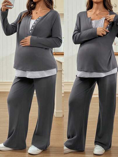 SHEIN 2pcs Maternity Nursing Set: Button-Up Long Sleeve Top And Adjustable Waist Pants Pregnancy Clothing Nursing Clothes Maternity Two Piece Suits