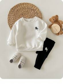Babygirl 可爱针织印花卫衣和松紧腰裤套装，秋冬 - 黑與白 - 查看 3