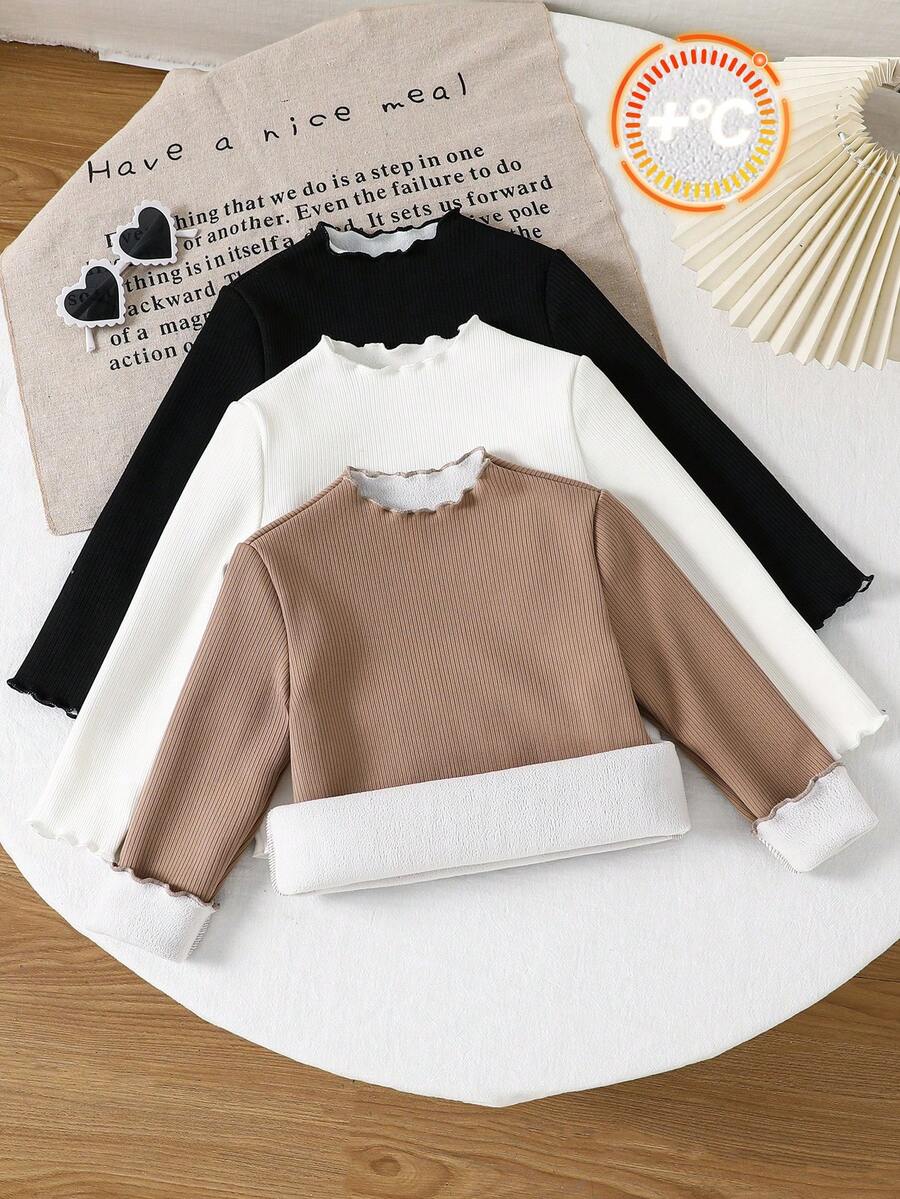 SHEIN LMoss Kids Bộ 3 áo thun cổ bẻ màu trơn LMoss Young Girl ấm áp thường ngày, mùa thu/đông, thích hợp mặc thường ngày & mặc đi học - Màu Khaki - Xem 1