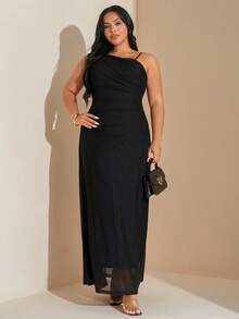 SHEIN Tall CURVE 加大码女式优雅简约时尚别致日常基本款职业办公室通勤网红音乐节海滩度假透明不对称领口褶皱紧身连衣裙，无袖 - 黑色 - 查看 6