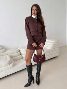 Aloruh Coffee-Color Suit Jacket + Skirt Set, Autumn/Winter Fashion Brown - Coffee Brown - View 4