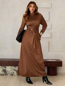 Roveilla 大码女式优雅休闲中长连衣裙，法式浪漫西西里风格，适合通勤、度假、下午茶、圣诞派对，纯棕色，立领，合身腰部，不对称下摆，金属纽扣装饰，长袖，秋冬 - 棕色 - 查看 11