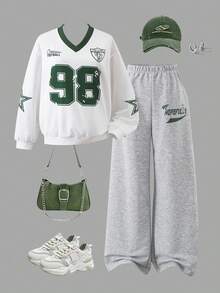 星耀98号套装：棒球风长袖卫衣+阔腿休闲裤 - 彩色 - 查看 1