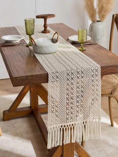 1개 보헤미안 테이블 러너 홈 데코용 마크라메 테이블 러너, 크림 & 브라운 마크라메 테이블 러너 술 포함 보헤미안 다이닝 침실 데코 소박한 브라이덜 샤워, 농가 소박한 테이블 러너, 플레이스 매트, 추수감사절 크리스마스 홈 데코 (다양한 사이즈 이용 가능)