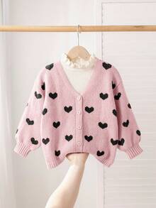 SHEIN 少女心形图案休闲针织开衫 - 淺粉色 - 查看 3