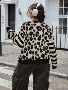 SHEIN EZwear Cardigan lavorato a maglia con spalle cadenti, maniche lunghe, in taglie comode, con motivo leopardato e a righe, adatto per l'autunno/inverno - nero - Visualizzare 8