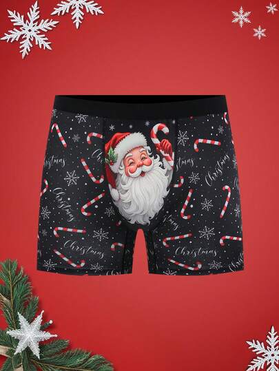 NotGurli Christmas Funny Print Cartoon Quirky Santa Claus, Gift Box, Candy Cane, Bells, Snowflakes, Snowman, Family Party Men's Mid-Length Boxer Briefs